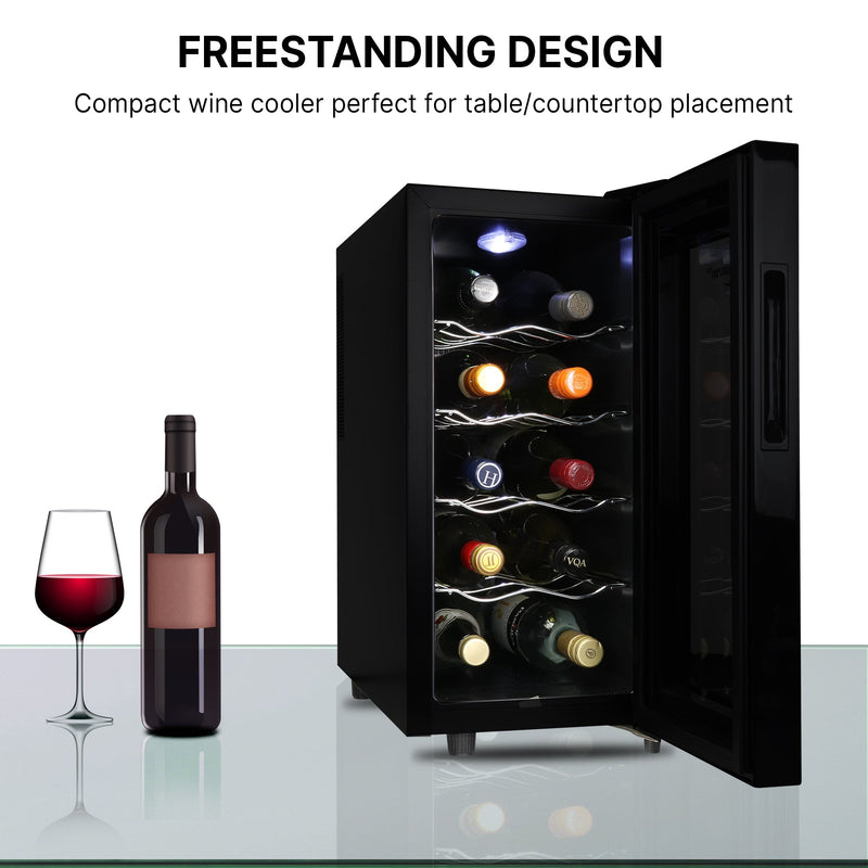 Koolatron 10 bottle countertop wine cooler, open, with a bottle and glass of red wine to the left; Text above reads "Freestanding design: Compact wine cooler perfect for table/countertop placement"