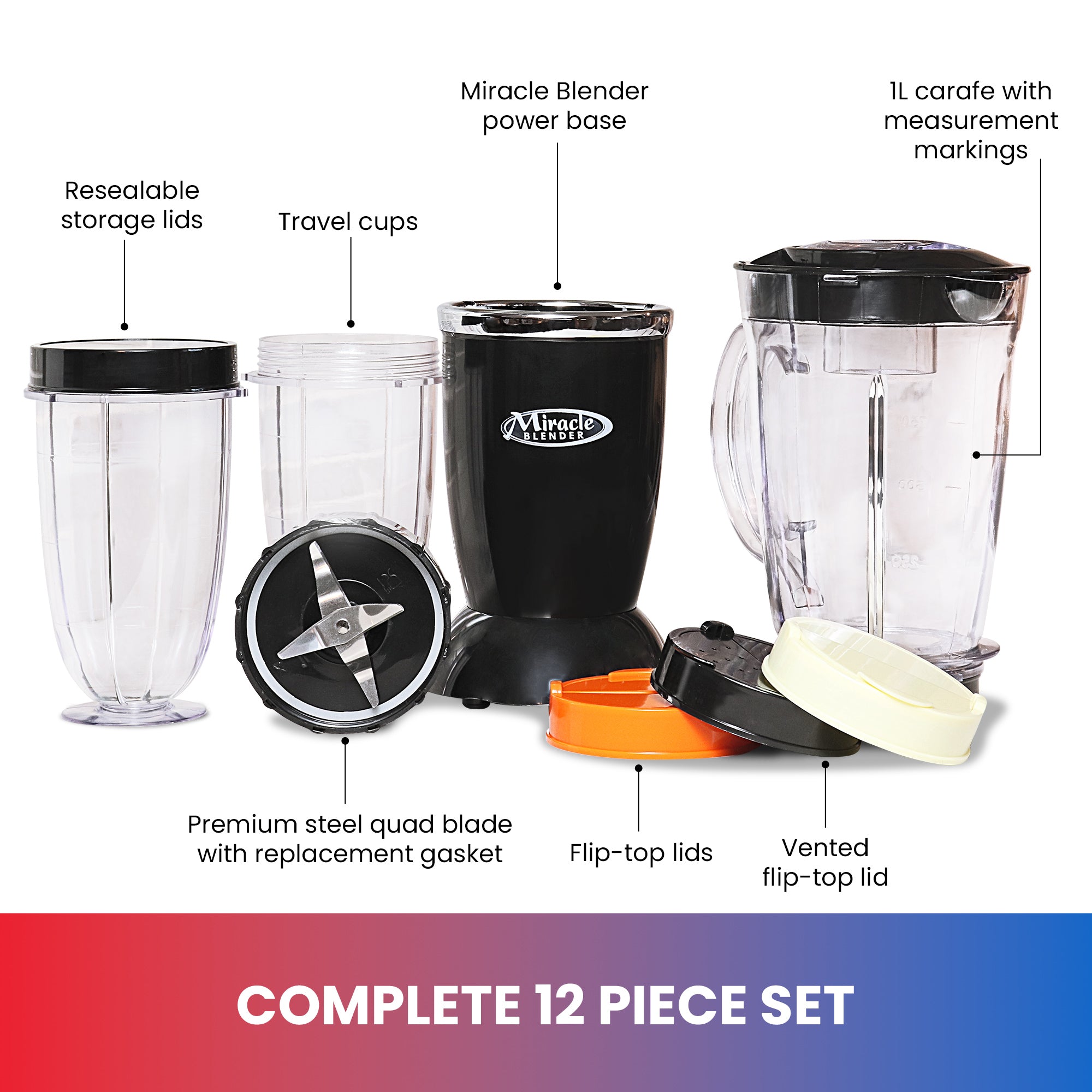 Product shot of set components, labeled, with text below reading "Complete 12 piece set"