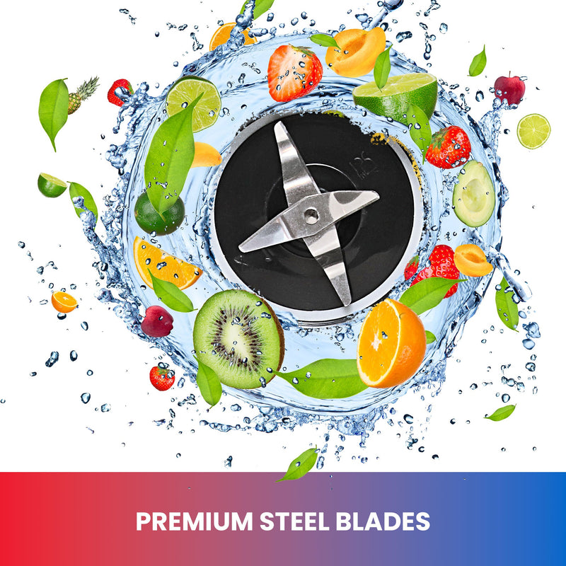 Closeup of blade assembly surrounded by images of water and fruit with text below reading "Premium steel blades"