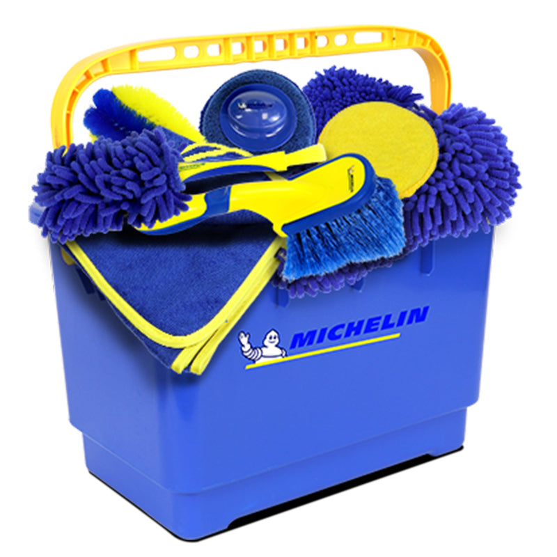 Product shot of ultimate car wash kit on a white background showing all items placed into the bucket for storage