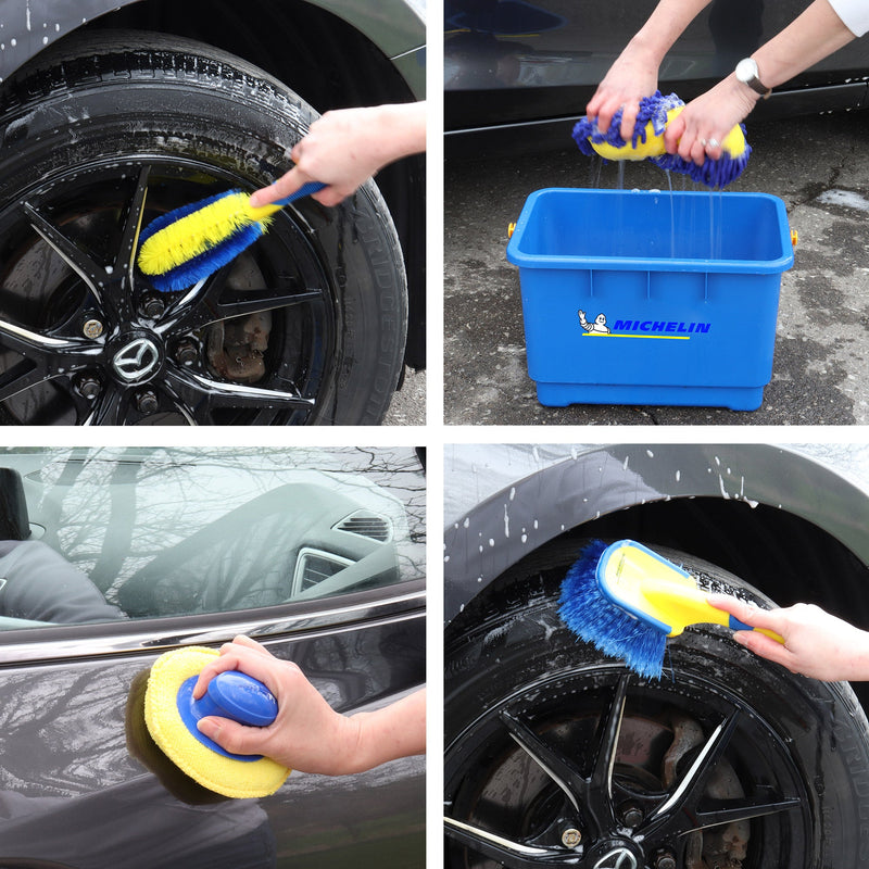 Grid of four lifestyle images of ultimate car wash kit being used to wash a dark gray car: First shows the mag wheel brush being used to wash clean a tire rim; second shows two hands wringing out wash and scrub sponge over the bucket; third shows the tire brush being used to wash scrub a tire; fourth shows the product applicator pad with handle attached being rubbed on the car door