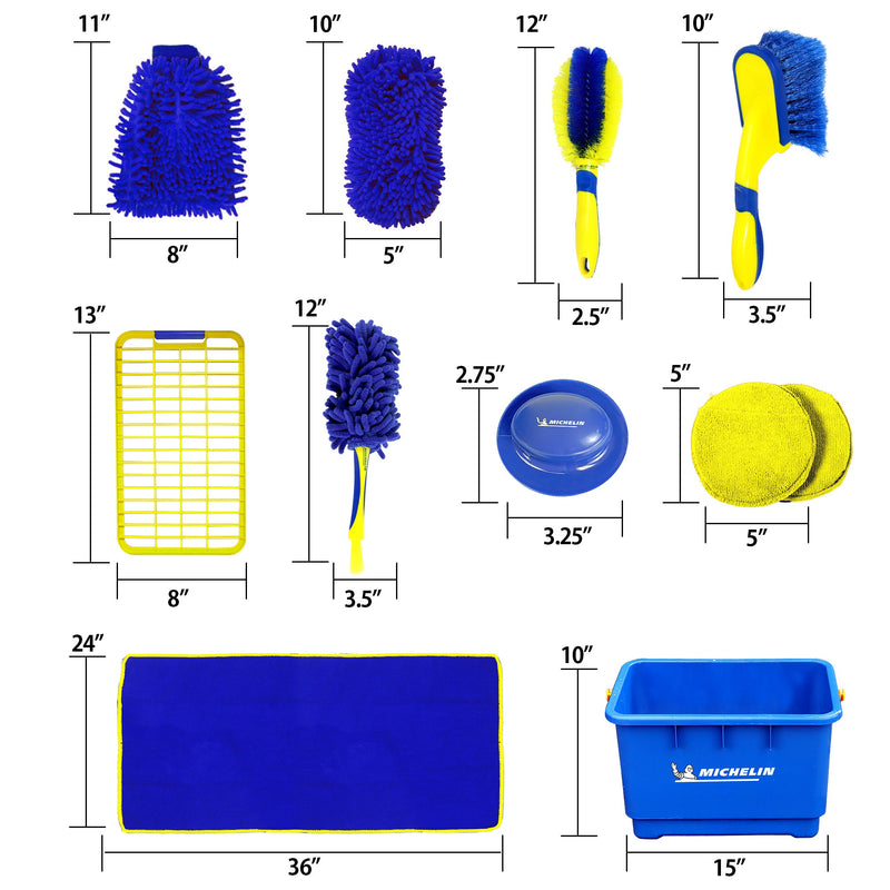 Product shots on white background of each component of the 11-piece ultimate car wash kit with dimensions labeled