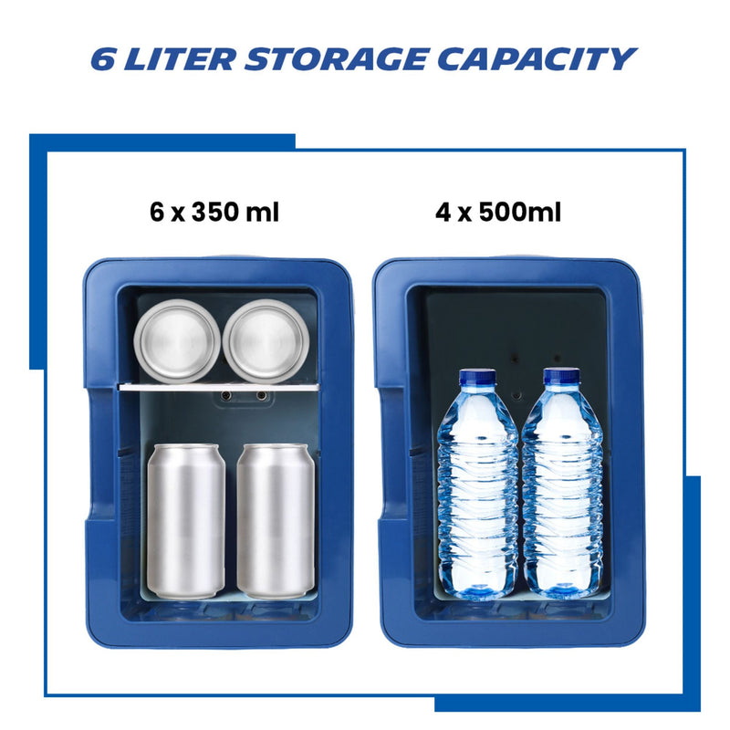 Two side-by-side product shots on a white background show front views of the interior of the 6 can Michelin mini fridge. Left image shows the 6 x 350 mL soda cans and right image shows 4 x 500 mL water bottles. Text above reads “6 liter storage capacity”