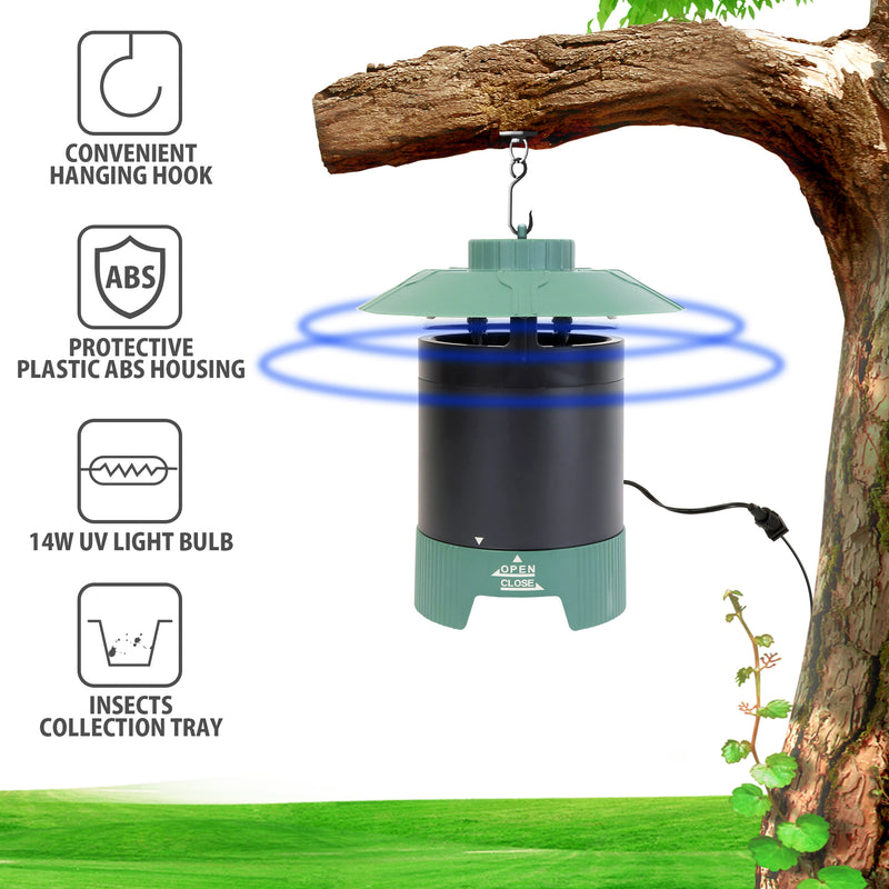 Enhanced image of Bite Shield Protector 1/4 acre mosquito trap hanging a tree branch on a white background with the tree trunk to the right and grass below. Text and icons to the left describe: Convenient hanging hook; protective plastic ABS housing; 14W UV light bulb; insect collection tray