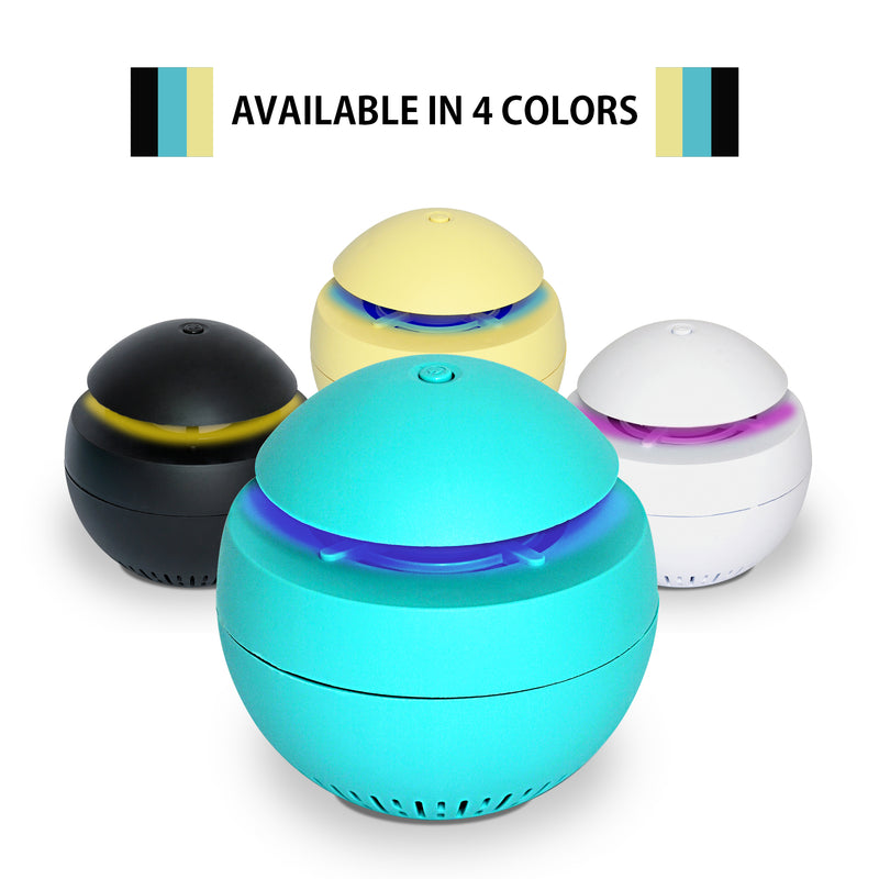 Product shot of four different-colored indoor insect traps with nightlights on a white background. Text above reads, "Available in 4 colors"