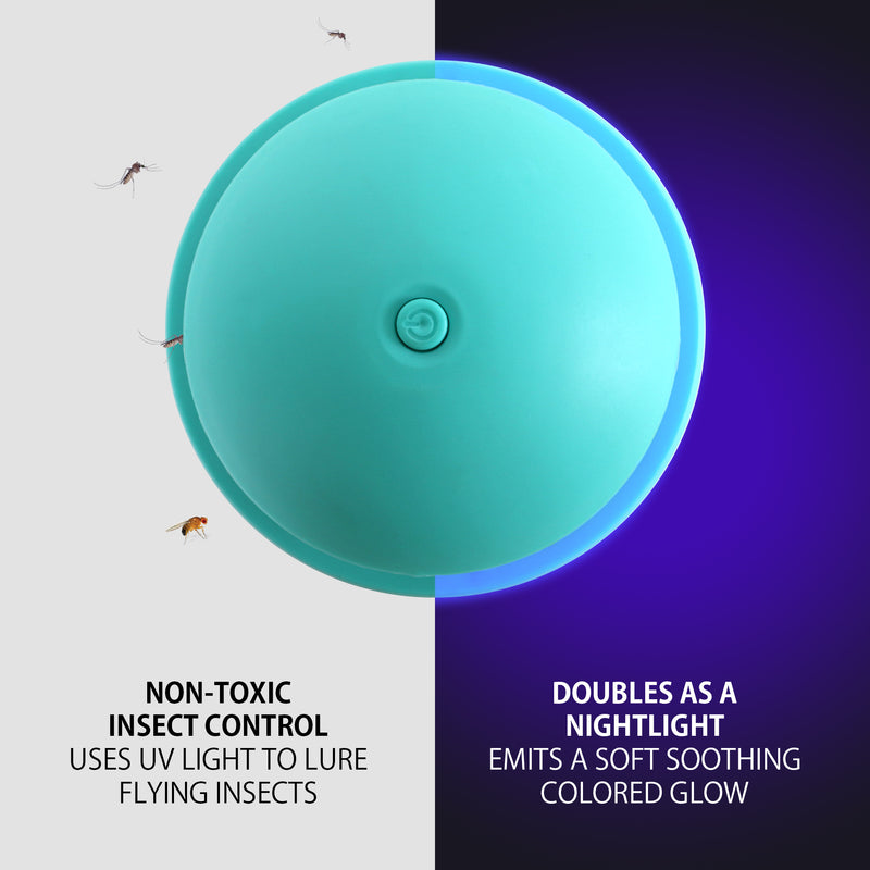 Product shot of top view of aqua indoor insect trap with four mosquitoes approaching from the left. The left half of the background is light gray with text at the bottom reading, "Non-toxic insect control: Uses UV light to lure flying insects." The right half of the background is dark blue with a glow from the illuminated nightlight and text at the bottom reading, "Doubles as a nightlight: Emits a soft soothing colored glow." 