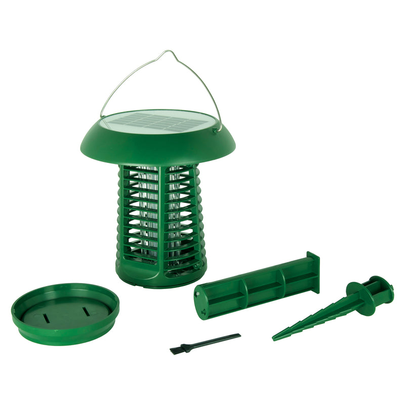 Product shot of Bite Shield solar powered electronic flying insect zapper, ground stake, catch cup, and cleaning brush on a white background