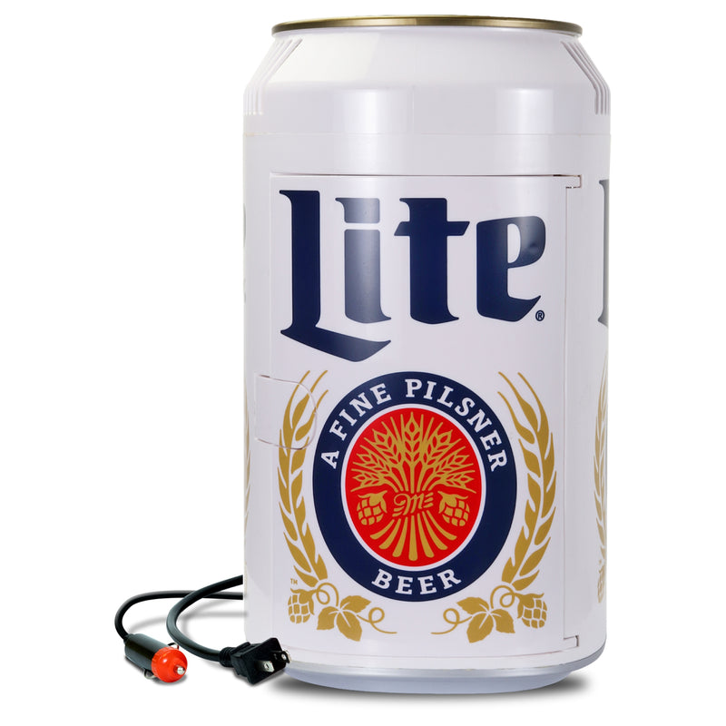 Product shot of Miller Lite can-shaped 8 can mini fridge, closed, on a white background with AC and DC power cords visible