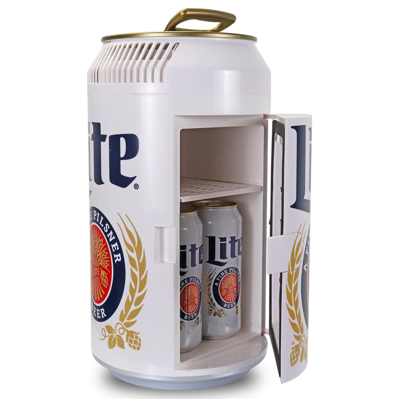 Product shot of Miller Lite can-shaped mini fridge, open with 4 tallboy cans of Miller Lite beer inside, on a white background