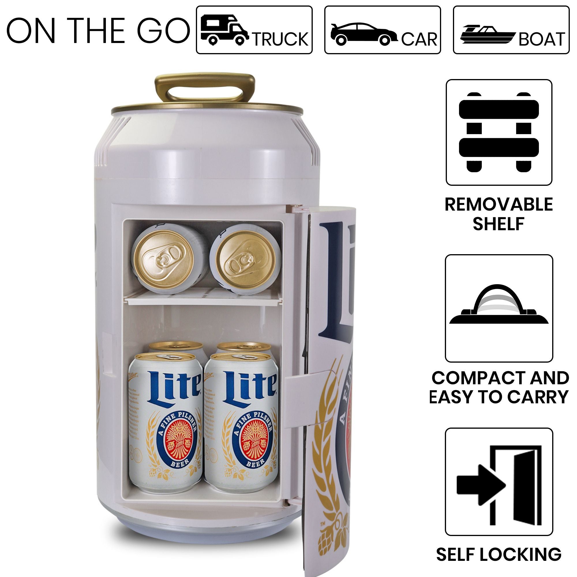 Miller Lite 8 Can Portable Mini Fridge, 12V DC 110V AC Cooler 5.4L