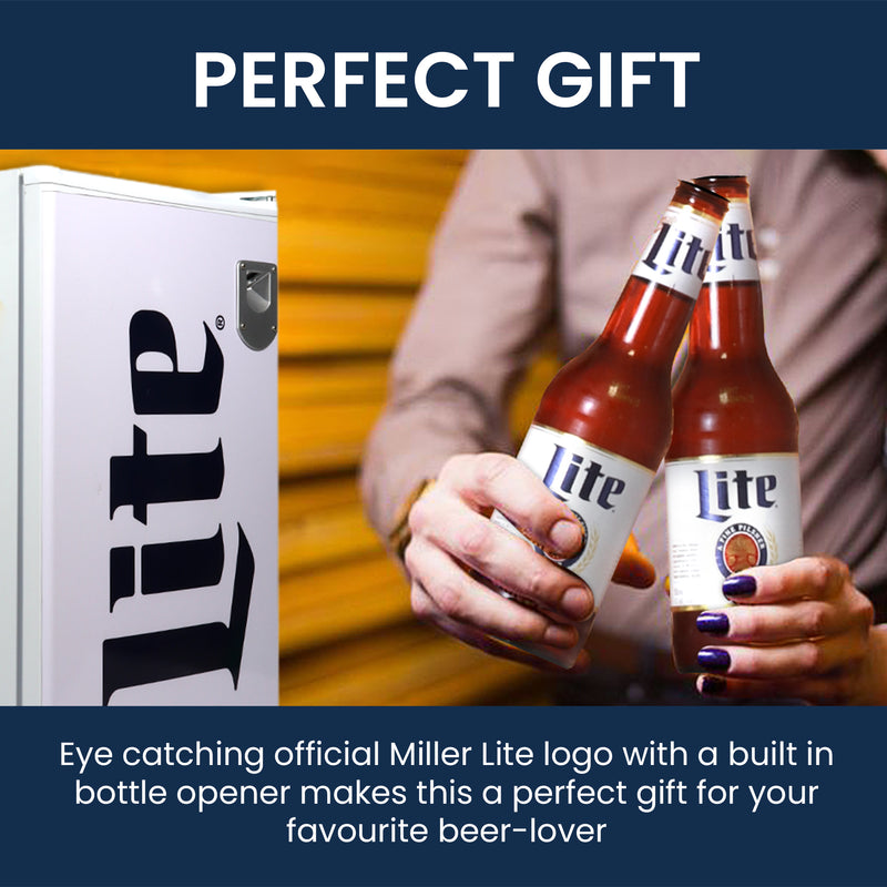 Lifestyle image of Miller Lite compact fridge with two people's hands to the right clinking together bottles of Miller Lite beer. Text above reads, "Perfect gift," and text below reads, "Eye-catching official Miller Lite logo with a built in bottle opener makes this a perfect gift for your favorite beer-lover"