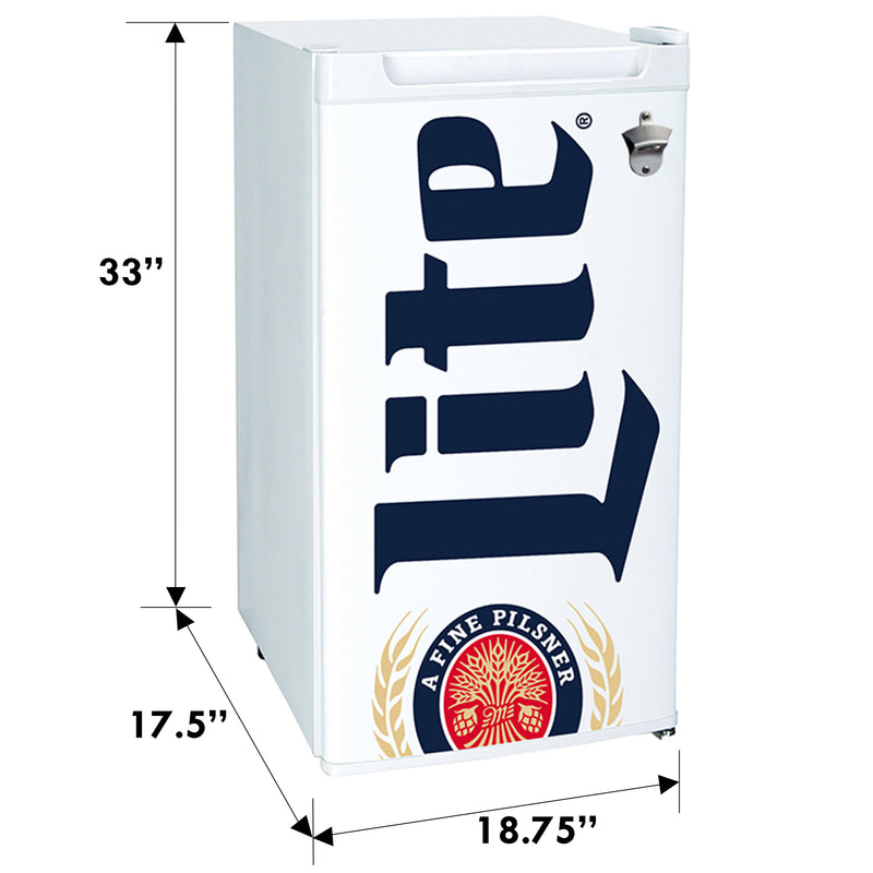 Product shot of Miller Lite compact fridge with bottle opener on a white background with dimensions labeled