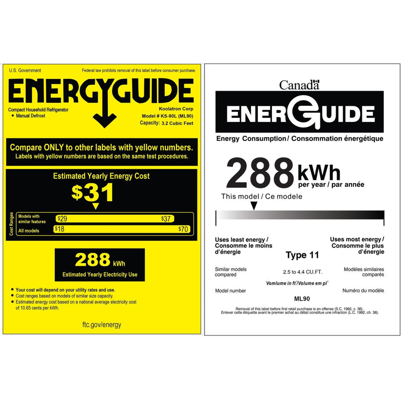 Energy Guide certificate for ML90 Miller Lite 3.2 cu ft compact fridge showing estimated yearly operating cost of $31 and estimated yearly energy consumption of 288 kWh