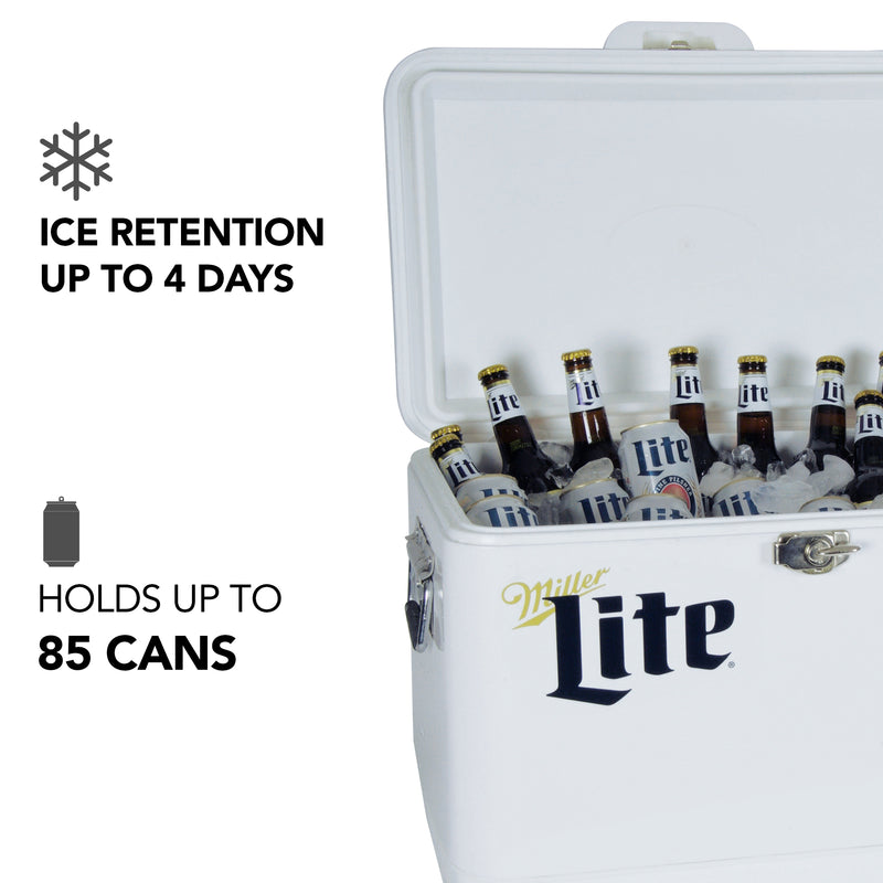 Product shot of Miller Lite 51 L ice chest, open with ice and bottles and cans of Miller Lite inside, on a white background. Text and icons to the left describe: Ice retention up to 4 days; holds up to 85 cans
