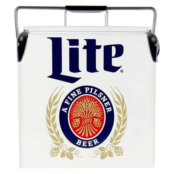 Product shot of Miller Lite retro ice chest cooler, closed, on a white background
