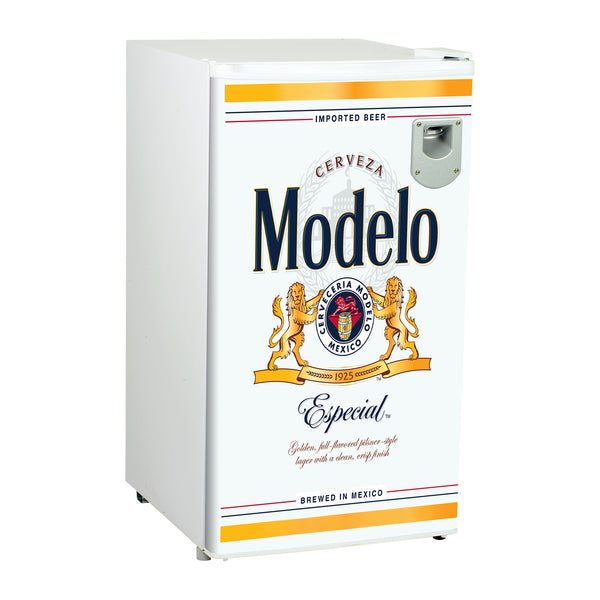 Product shot of Modelo compact fridge with bottle opener, closed, on a white background