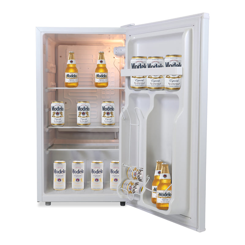 Product shot of Modelo compact fridge with bottle opener, open with bottles and cans of beer visible inside, on a white background