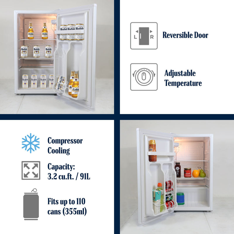 The top half of the image shows the compact fridge with door installed opening to the right and cans and bottles of Modelo beer visible inside. Text and icons to the right describe: Reversible door; Adjustable temperature. Bottom half shows the compact fridge with door installed to open to the left and food and drinks visible inside. Text and icons to the left describe: Compressor cooling; Capacity 3.2 cu ft/91L; Fits up to 110 cans (355 mL)