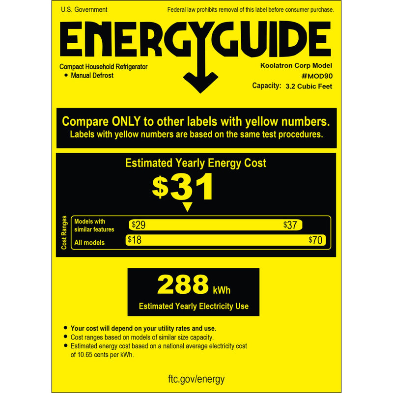 Energy Guide certificate for MOD90 Modelo 3.2 cu ft compact fridge showing estimated yearly operating cost of $31 and estimated yearly energy consumption of 288 kWh