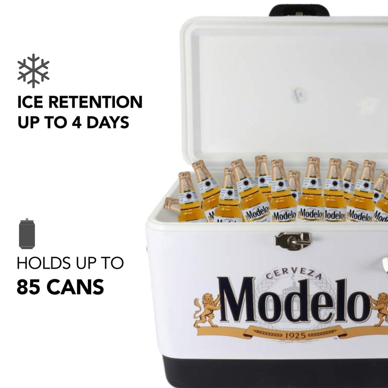 Product shot of Modelo 51 L ice chest, open with ice and bottles and cans of Modelo beer inside, on a white background. Text and icons to the left describe: Ice retention up to 4 days; holds up to 85 cans