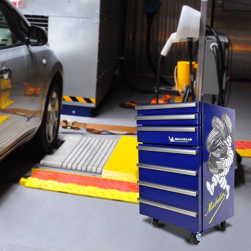 Michelin rolling compact fridge with tool storage in an auto shop