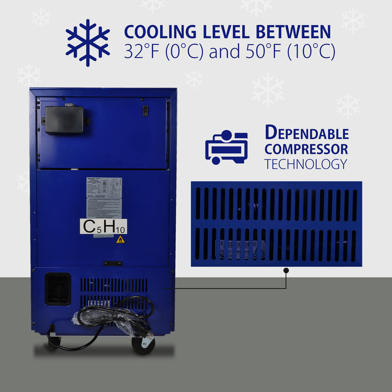 The back of the Michelin compact fridge with tool drawers with text above reading, "Cooling level between 32F (0C) and 50F (10C). There is an inset closeup of the vent openings with text above reading, "Dependable compressor technology"
