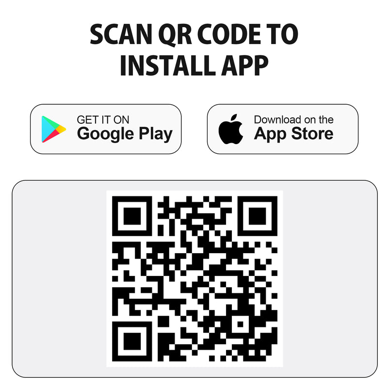 Image of QR code with link to download the free smartphone app below icons for the Google Play and Apple app stores. Text above reads, "Scan QR code to install app" 
