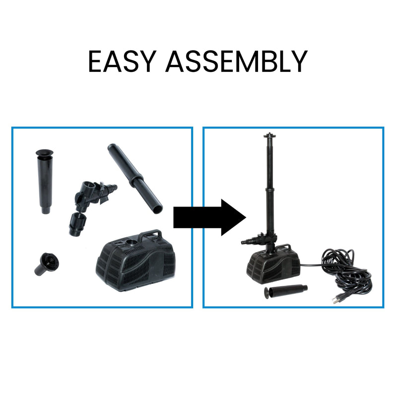 A black arrow points from the left image, a product shot of the disassembled pump parts, to the right image, a product shot of the assembled pump. Text above reads, "Easy assembly"  