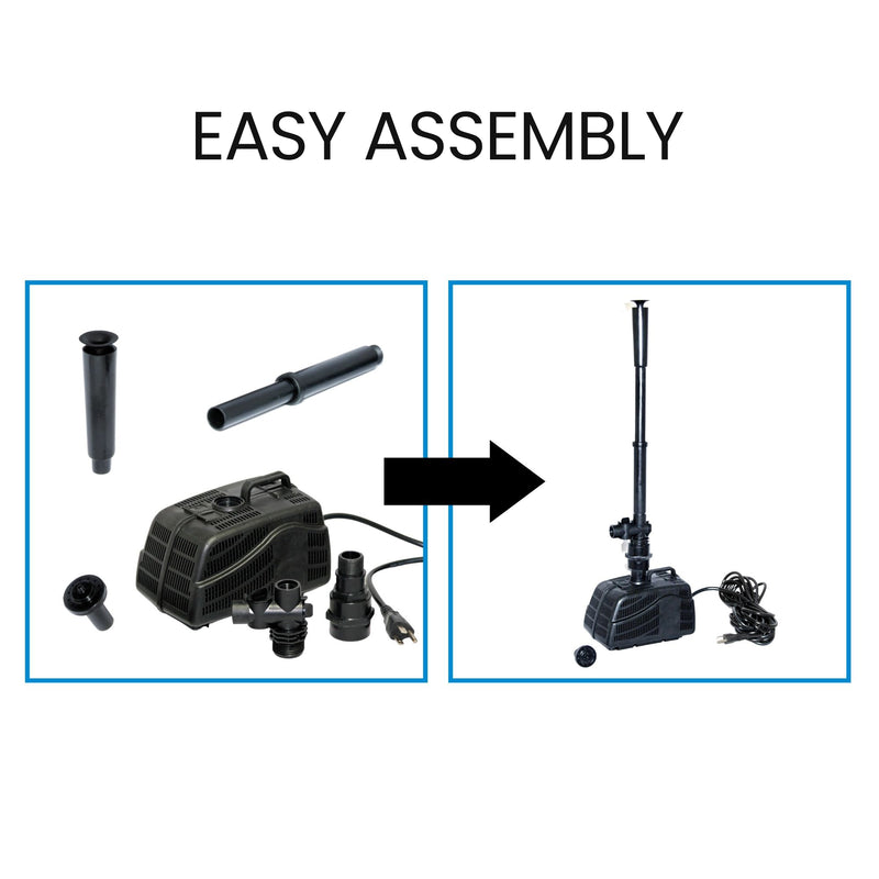A black arrow points from the left image, a product shot of the disassembled pump parts, to the right image, a product shot of the assembled pump. Text above reads, "Easy assembly" 