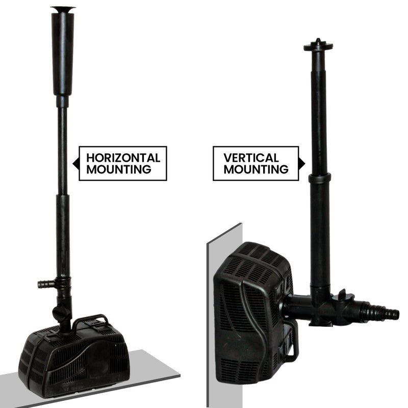 Two product shots show the assembled pump and fountain attached to a flat gray surface in a horizontal and a vertical orientation, labeled horizontal mounting and vertical mounting