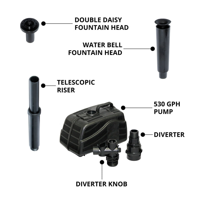 Product shot of disassembled pump parts on a white background, labeled: water bell fountain head; double daisy fountain head; telescopic riser; diverter; diverter knob; 530 GPH pump
