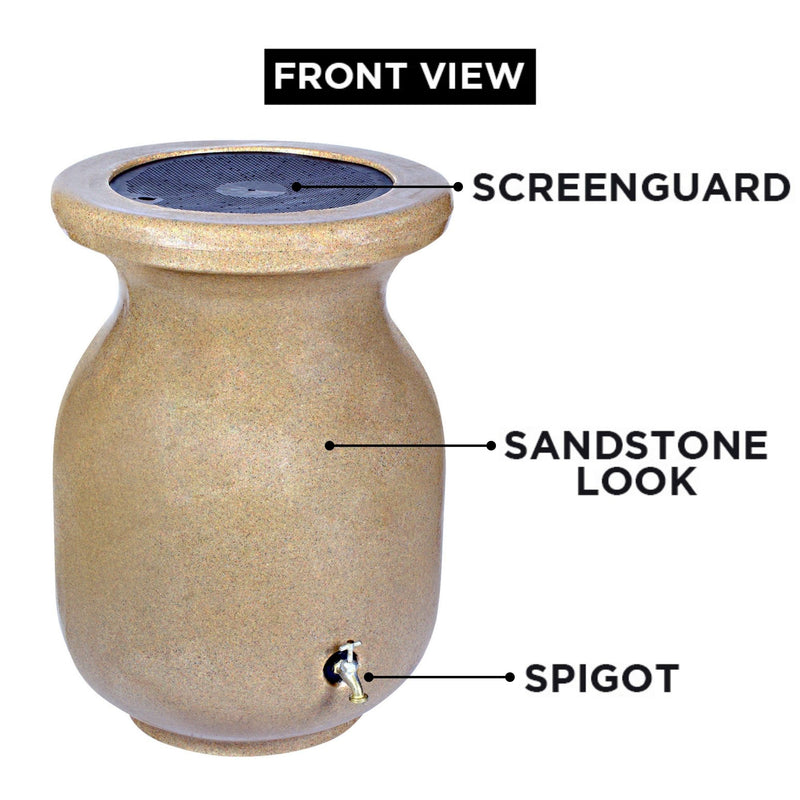 Front view product shot of stone-look beige rain barrel on a white background with parts labeled: Screen guard; sandstone look; spigot