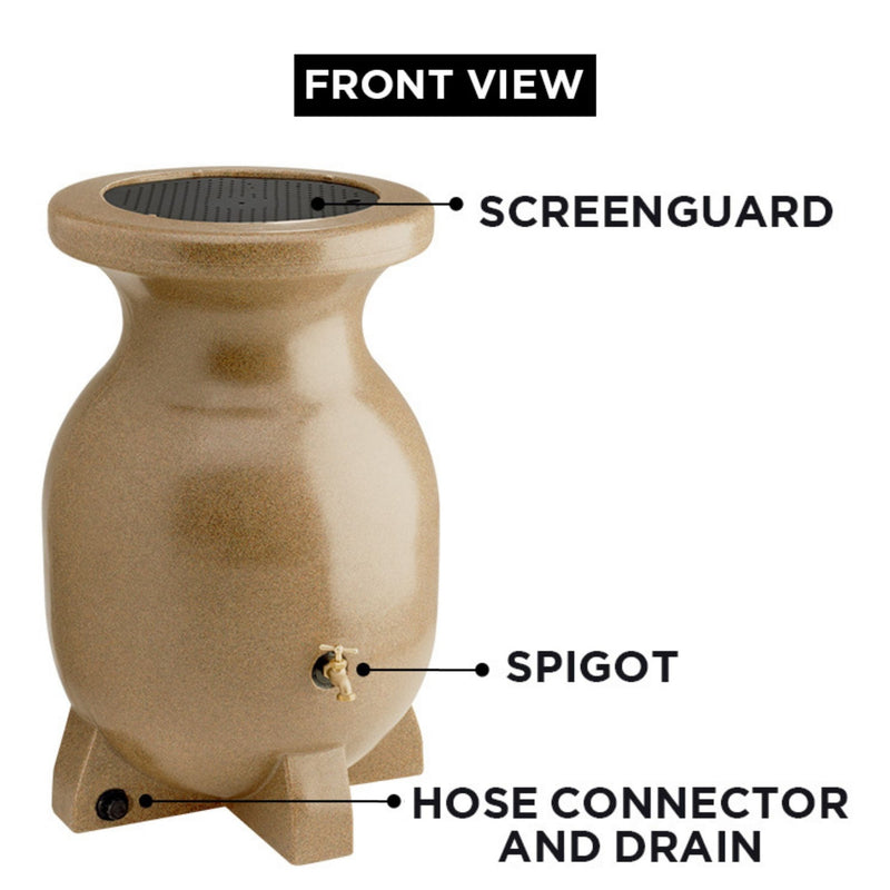 Front view product shot of stone-look beige rain barrel on a white background with parts labeled: Screen guard; spigot; hose connector and drain