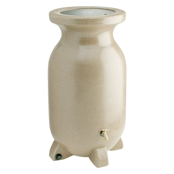 Product shot of stone-look beige rain barrel on a white background