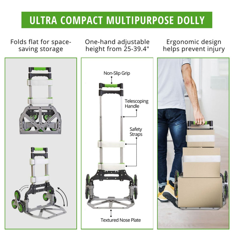 Three side-by-side images show 1. Product shots of the trolley folded and opened with text above reading, "Folds flat for space-saving storage"; 2. Product shot of the cart fully extended with parts labeled and text above reading, "One-hand adjustable height from 25-39.4in"; 3. Lifestyle image of a person pulling the cart loaded with 3 boxes with text above reading, "Ergonomic design helps prevent injury." Text above the images reads, "Ultra compact multipurpose dolly"