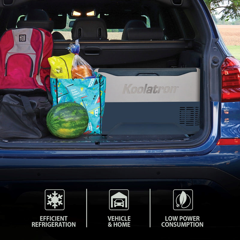Lifestyle image of 12V vehicle refrigerator/freezer in the back of a blue SUV with a backpack and a bag of groceries beside it. Overlaid icons and text describe: Efficient refrigeration; vehicle and home; low power consumption