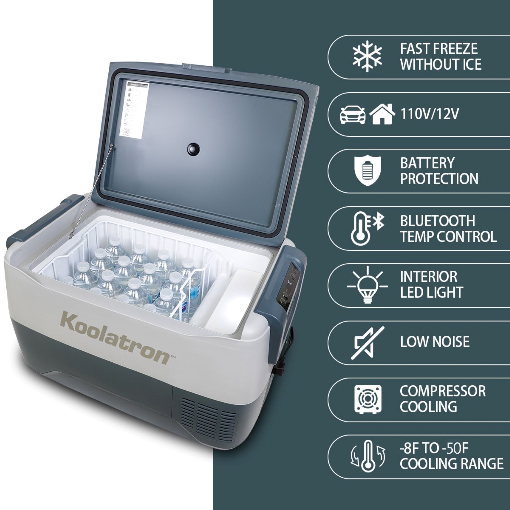 Product shot of 12V portable fridge, open and filled with water bottles, on a white background with features listed to the right: Fast freeze without ice; 110V/12V; battery protection; Bluetooth temp control; interior LED light; low noise; compressor cooling; -8F to -50F cooling range