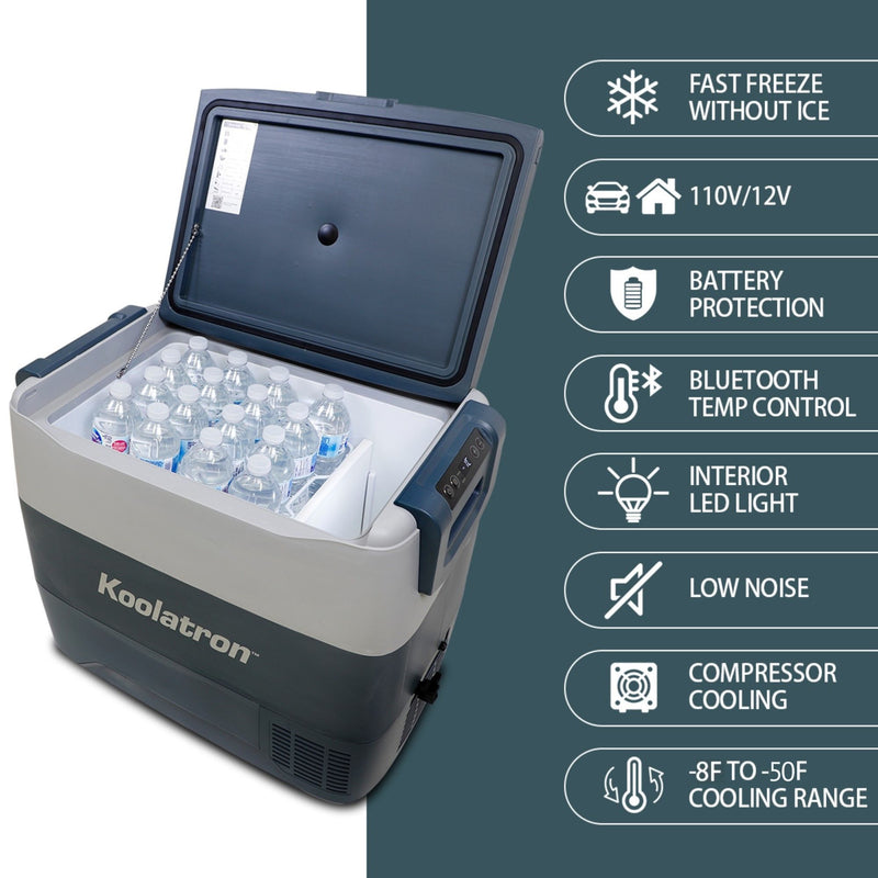 Product shot of 12V portable fridge, open and filled with water bottles, on a white background with features listed to the right: Fast freeze without ice; 110V/12V; battery protection; Bluetooth temp control; interior LED light; low noise; compressor cooling; -8F to -50F cooling range
