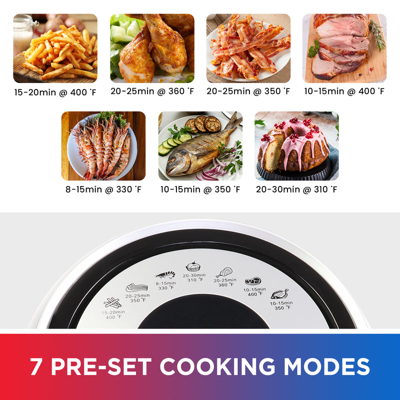 At the top are 7 small lifestyle images labeled with cooking times and temperatures: 1. French fries - 15-20 min @ 400F; 2. Chicken drumsticks - 20-25 min @ 360F; 3. Bacon strips - 20-25 min @ 350F; 4. Ham - 10-15 min @ 400F; 5. Whole shrimp - 8-15 min @ 330F; 6. Whole fish - 10-15 min @ 350F; 7. Bundt cake - 20-30 min @ 310F. At the bottom is a closeup of the air fryer control panel with text below reading, "7 pre-set cooking modes"