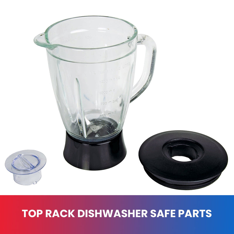 Product shot of blender jar with lid and vent cap with text below reading "Top rack dishwasher safe parts"