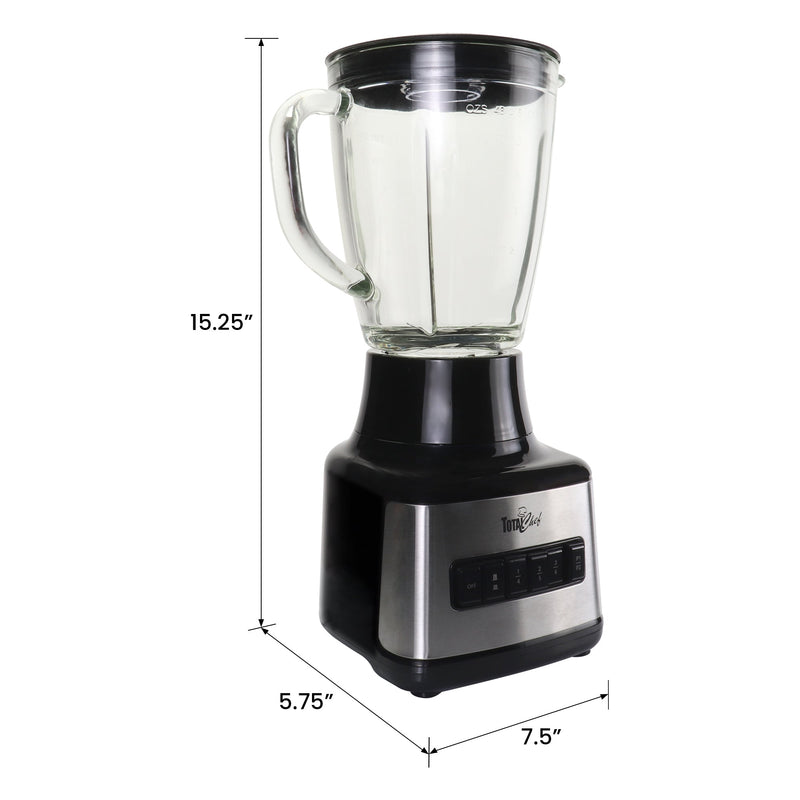 Product shot of blender on white background with dimensions