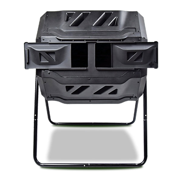 Product shot of dual chamber tumbling composter on a white background