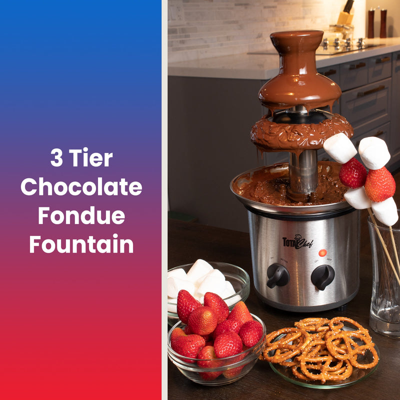 On the right is a lifestyle image of chocolate fountain filled with melted chocolate and skewers and bowls of marshmallows, strawberries, and pretzels. Text to the left reads, “3 Tier chocolate fondue fountain”
