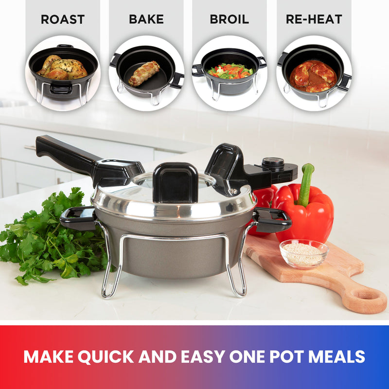 Lifestyle image of Czech cooker on a light gray countertop with a bunch of Italian parsley to the left and a cutting board with red peppers and a pinch bowl of salt to the right. Four inset images above, labeled Roast, Bake, Broil, and Reheat, show different foods in the cooking pot: Whole chicken; pork tenderloin; mixed vegetables; white meat in red sauce. Text below reads, "Make quick and easy one pot meals"