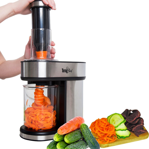Product shot of spiralizer with vegetables in front