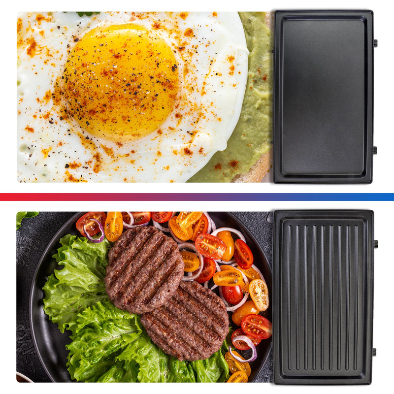 Two lifestyle images of foods and the grilling plates used to cook them: Top shows a fried egg and the flat griddle plate and bottom shows hamburger patties with lettuce, tomatoes, and onions and the grill plate