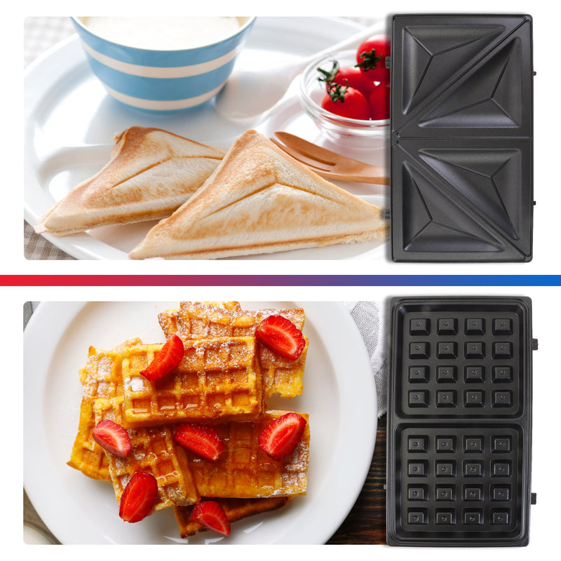Two lifestyle images of foods and the grilling plates used to cook them: Top shows a grilled cheese sandwich cut in half diagonally and the sandwich plate and bottom shows rectangular waffles with syrup and strawberries and the waffle plate