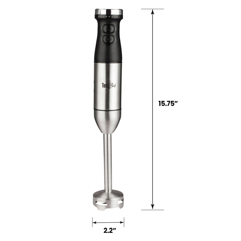 Product shot of hand blender on white background with dimensions