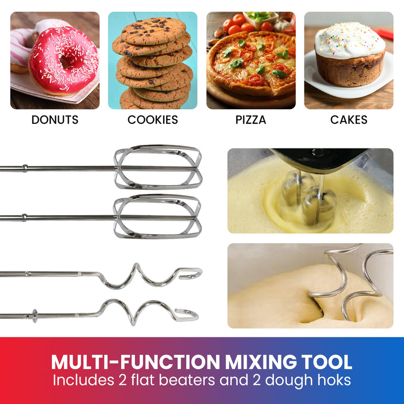 Four images of foods, labeled "Donuts," "Cookies," "Pizza," and "Cakes" at the top. Below that is a product shot of 2 beaters and 2 dough hooks on the left and a closeup of beaters and dough hooks in use on the right. Text below reads "Multi-function mixing tool"
