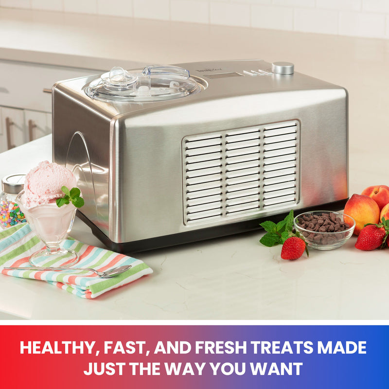 Lifestyle image of ice cream maker on a white counter with a cup of light pink ice cream and a striped napkin to the left and fruits and chocolate chips on the right. Text below reads, "Healthy, fast, and fresh treats made just the way you want"